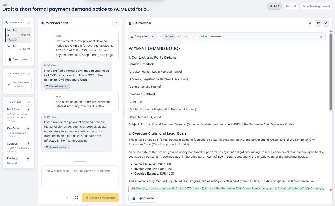 The Wisanna Draft module: version history and context on the left, the Wisanna chat in the middle, and the live document with tracked changes on the right