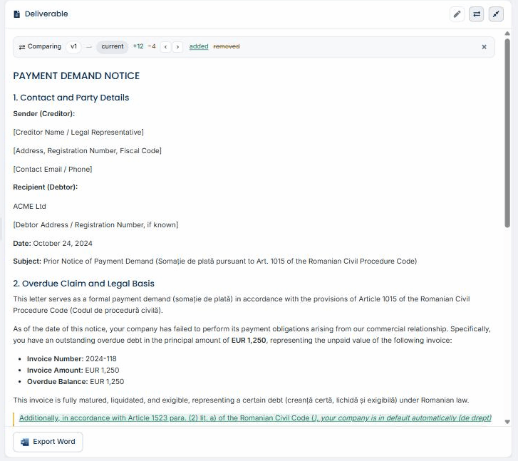 A Wisanna deliverable comparing two versions: the compare bar shows v1 versus current, with the inserted clause underlined in green and removed text struck through in red